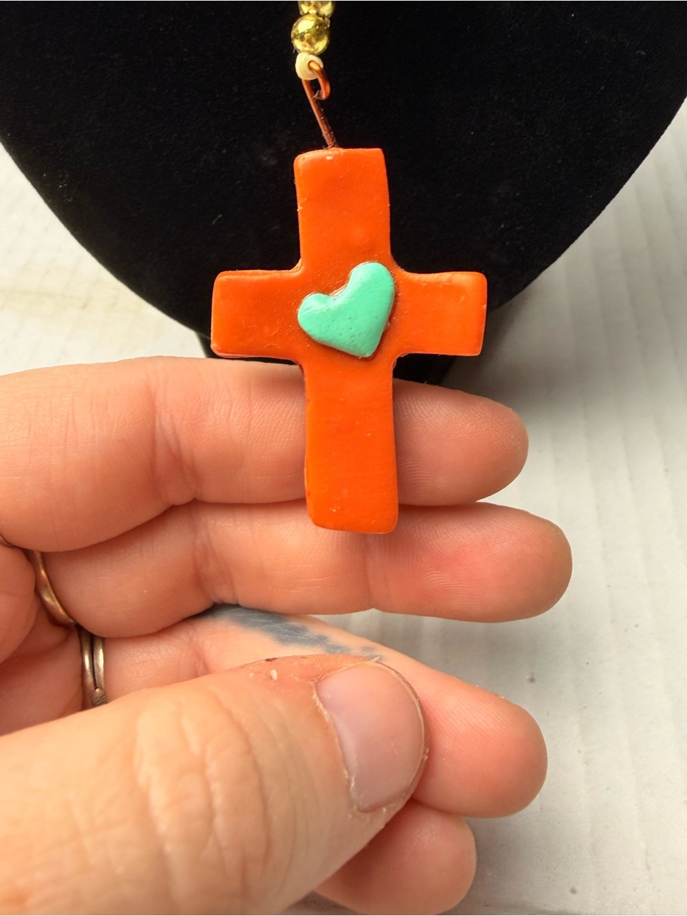 Handmade Catholic Rosary Necklace Orange Green Clay Beaded What Would Jesus Do - Picture 4 of 8